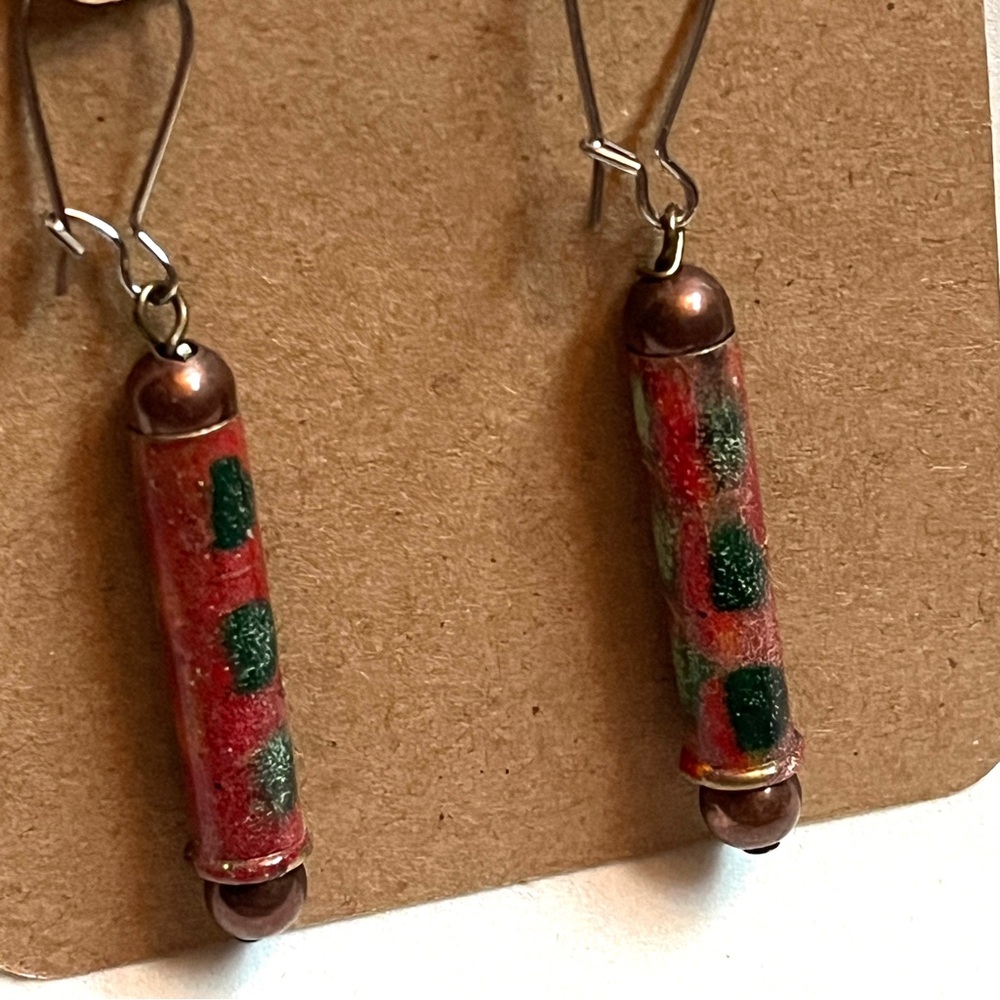 Elegant Red and Green Earrings- copper, brass, silver. New